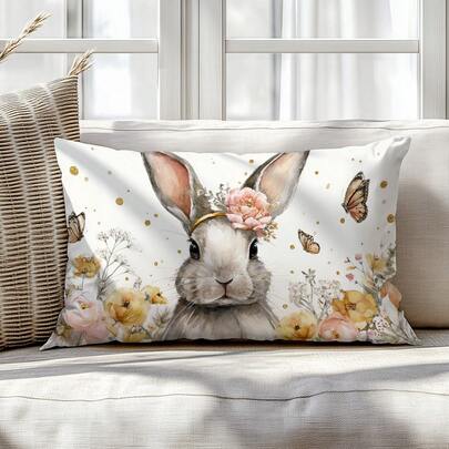 1 件春季复活节花卉兔子装饰抱枕套，单面柔软桃皮绒面料，30*50cm/40*60cm，适用于现代沙发、室内装饰、派对装饰、礼品