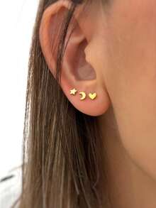 3 pares de pendientes de botón minimalistas con diseños de corazón, luna y estrella para mujer, juego de pendientes apilables de moda - Conjunto de pendientes sencillos de estrella y luna con forma de corazón - Ver 1