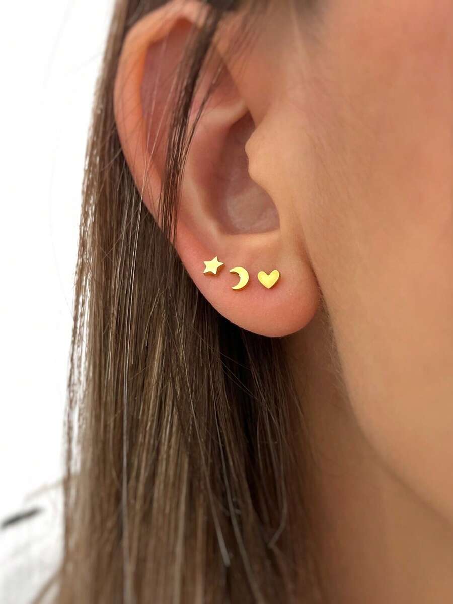 3 pares de pendientes de botón minimalistas con diseños de corazón, luna y estrella para mujer, juego de pendientes apilables de moda - Conjunto de pendientes sencillos de estrella y luna con forma de corazón - Ver 1