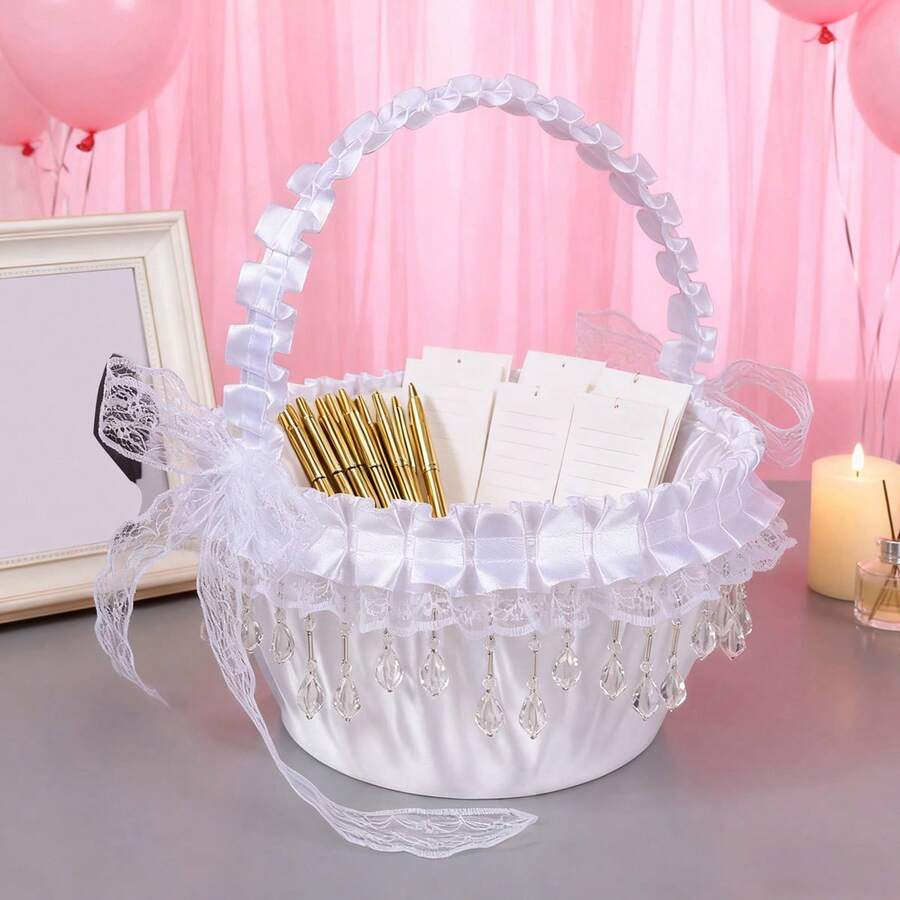 Wedding Flower Girl Baskets With Crystal Pendant Decor Lace Bow Flower Baskets For Wedding Ceremony - White - View 1