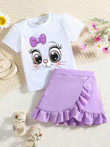 Toddler Cartoon Print Short Sleeve Top And Skirt Set - Purple - View 1