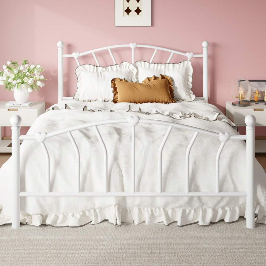 SHA CERLIN 14 Inch Twin/Full/Queen/King Size Metal Platform Bed Frame With Heart Shaped Headboard/Footboard, Under Bed Storage, Noise Free Mattress Foundation, No Box Spring Needed, Easy Assembly, White - trắng - Xem 1