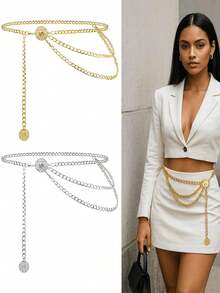 1Pc Metal Waist Chain Retro Fashion Body Belly Belt Gold Silver Belts Jewelry Accessories For Women - 腰鏈 - 查看 1