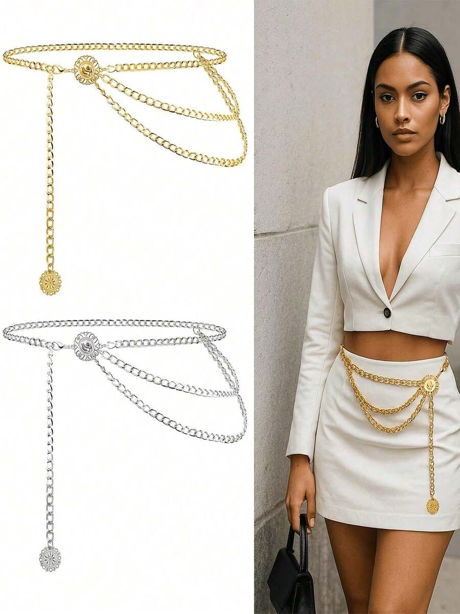 1Pc Metal Waist Chain Retro Fashion Body Belly Belt Gold Silver Belts Jewelry Accessories For Women - 腰鏈 - 查看 1