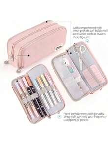 Estuche para lápices de gran capacidad con 3 compartimentos, adecuado para estudiantes, adolescentes, unisex, esencial para volver a la escuela, incluye artículos de papelería, estuche para lápices y mochila - Rosa - Ver 2