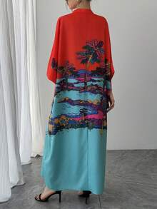 1pc Women's Oversized Colorblock Printed Robe, Mandarin Collar Single-Breasted Raglan Sleeve Casual Long Dress, Elegant Luxury Party Gown, Holiday Gift For Mom, Daughter, Friend Red - Red - View 2