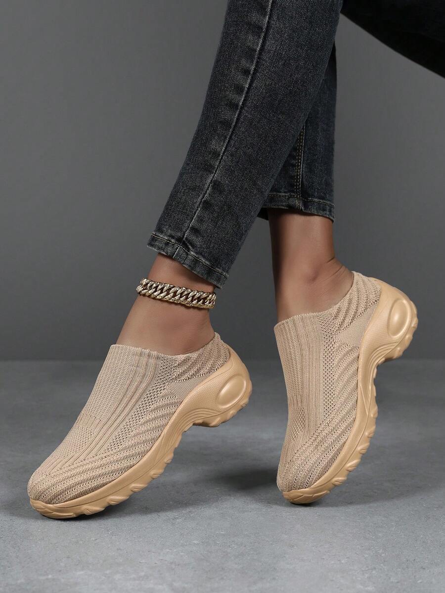 Women's Casual Sneakers, 2026 Summer New Thick Sole Heightening Wear-Resistant Slip-On Soft Bottom Lightweight Comfortable Knitted Mesh Breathable Anti-Sweat Anti-Odor Comfortable Mesh Shoes, Suitable For Middle-Aged And Elderly, Housewives, Nannies - Khaki - View 1