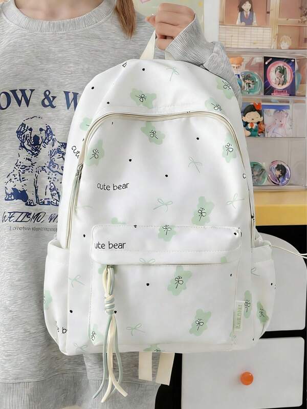 High-Quality Backpack For Female Middle/High School Students, Korean Style, Large Capacity, Lightweight, New Design, Floral Bear Print, Suitable For Female Students, University Students, Laptop Bag