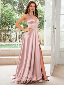 1950s Retro V-Neck Backless Satin Cocktail Party Dress Wedding - Baby Pink - View 6
