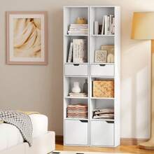 Bookshelf With 6 Shelves, 3-Level Adjustable, With Drawer, Cabinet Door, Customizable Shelf, Display Shelf, White