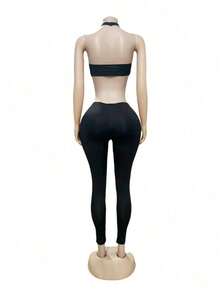 Women's Sexy Cutout Waist Jumpsuit Nightclub Hot Girl High Neck Slim Fit Bodycon Long Pants Romper - 黑色 - 查看 6