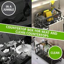1pc Heavy-Duty Stainless Steel Kitchen Sink Sponge Holder With Tilted Auto-Drain Tray & Dishcloth Hanging Bar - Multipurpose Countertop Organizer For Soap, Brush & Accessories,Neat & Clean Countertop Storage For Kitchen & Bathroom - 黑銀色 - 查看 10