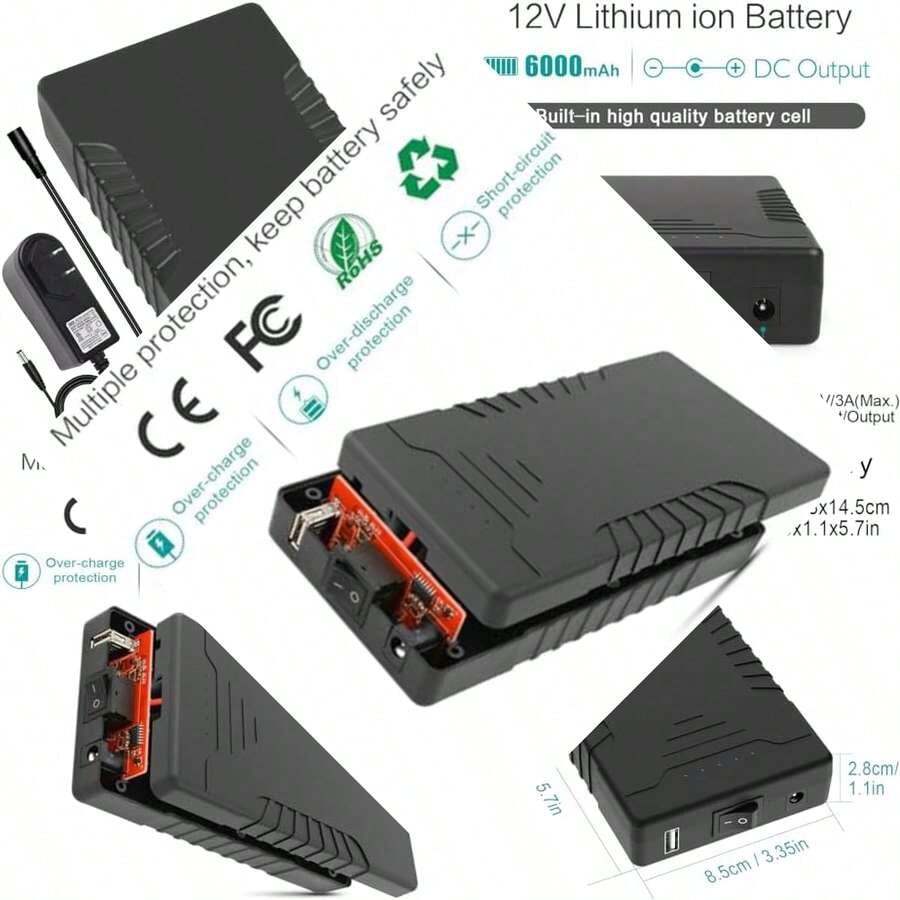 Banco de energía portátil de carga rápida de 12V 6000mAh con células de ión de litio, paneles solares con salida de CC y USB, regalo del Día de San Valentín - Negro - - Ver 1