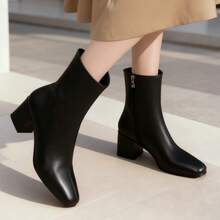 Women's Square-Toe Chunky Heel Ankle Boots, Soft Leather Stretch Slim Boots, Versatile Commuter Boots In Black, White, And Red. - màu đen - Xem 3