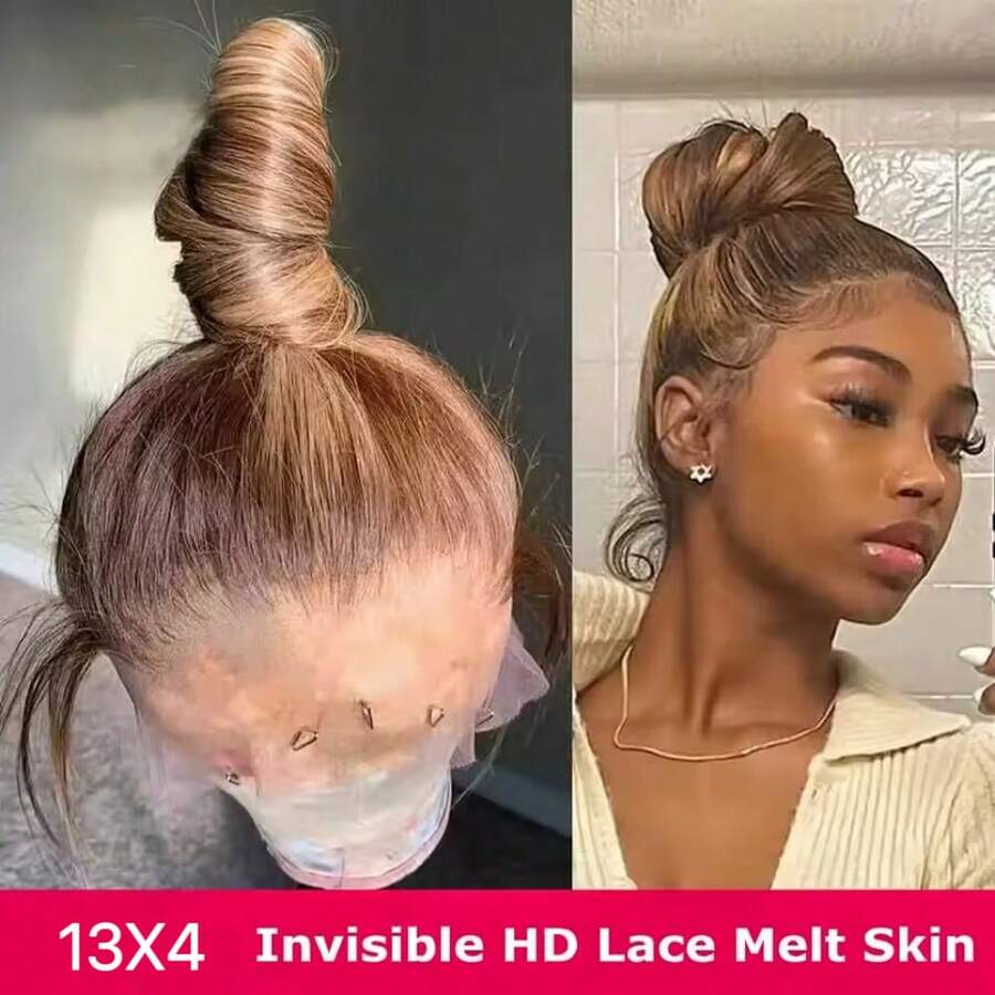 36 Inch Honey Blonde Ombre Lace Front Wig Human Hair Brazilian Virgin Straight Lace Front Wigs Human Hair 250% Density Colored Human Hair Wig 13x4 HD Lace Frontal Wig For Women 4/27 Colored Pre Plucked With Baby Hair - S4/27 - 查看 1