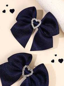 2pcs Navy Blue Hair Bows For Girls Solid Color Hair Bow Clips Ribbon Heart Shape Rhinestone Decor Bow Hair Clips Elegant Fashion Hairpins Simple Bow Barrettes Girls Hair Accessories For Daily Life - 彩色 - 查看 4