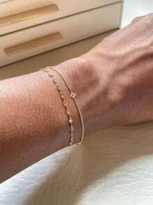 2pcs/Set Women Bracelet Set, Bohemian Summer Beach Style, Golden Electroplated Multi-Layer Basic Chain, Shiny Lip Chain, Copper Inlaid White Zirconia Four-Leaf Clover Stacked Bracelets, Stacking Jewelry Gift - Yellow Gold - View 1