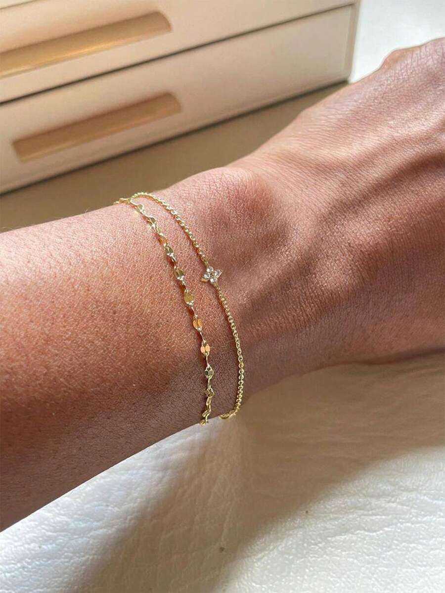 2pcs/Set Women Bracelet Set, Bohemian Summer Beach Style, Golden Electroplated Multi-Layer Basic Chain, Shiny Lip Chain, Copper Inlaid White Zirconia Four-Leaf Clover Stacked Bracelets, Stacking Jewelry Gift - Yellow Gold - View 1