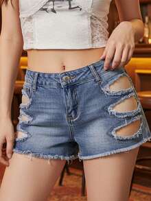 Women's Summer Mini Denim Shorts With Pockets Stylish Ripped Low Rise Jean Shorts - Blue - View 2