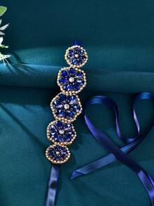 1 قطعة شريط أنيق مزين بزهرة كريستالية للعروس، حزام خصر قابل للتعديل من القماش الساتان، إكسسوار فستان للنساء للحفلات والسهرات وفساتين الزفاف - الشريط الأزرق الداكن - مشاهدة 7