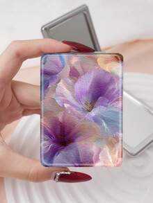 1pc Floral Compact Makeup Mirror, Lightweight, Foldable, Portable, PU Leather, Suitable For Travel, Gatherings, Work, School, All Ages - Multicolor - View 12