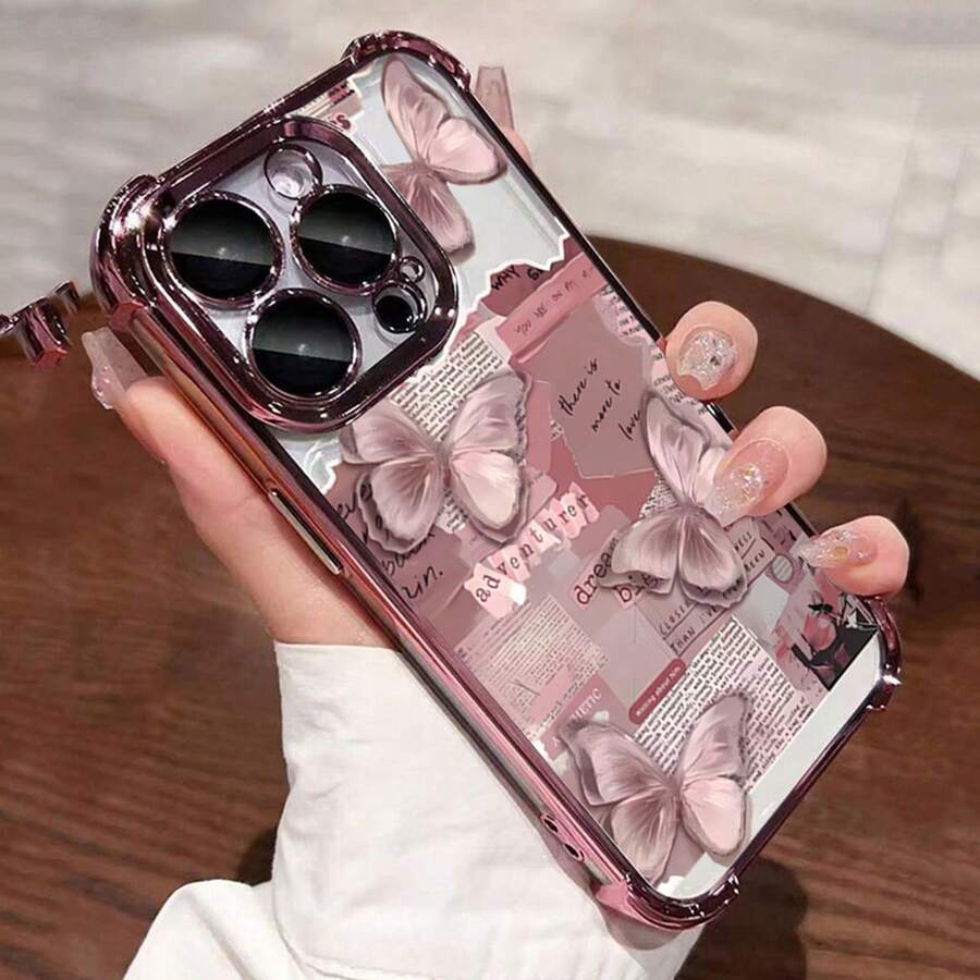 Funda para teléfono: Funda transparente electrochapada con diseño de periódico y mariposa para iPhone 17 Air, 17 Pro Max, 16, 15, 14, 13, 12, 11 Pro Max, 14, 15, 16 Plus, cubierta suave antigolpes - Rosa - Ver 1