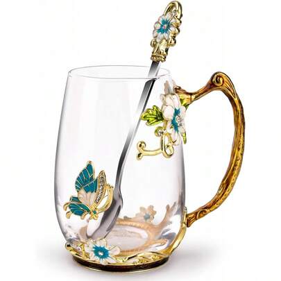 Juego de Taza de té y Taza de Café de Vidrio con Cuchara - Hermosa Flor Mariposa Rosa Taza, Regalo perfecto (Azul Corta)