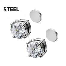 1pair Fashionable Stainless Steel Zirconia Clip On Earrings Unisex Daily Wear Party Gift Jewelry - 鋼 - 查看 1