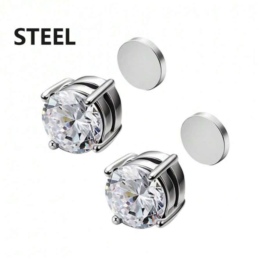 1pair Fashionable Stainless Steel Zirconia Clip On Earrings Unisex Daily Wear Party Gift Jewelry - 鋼 - 查看 1