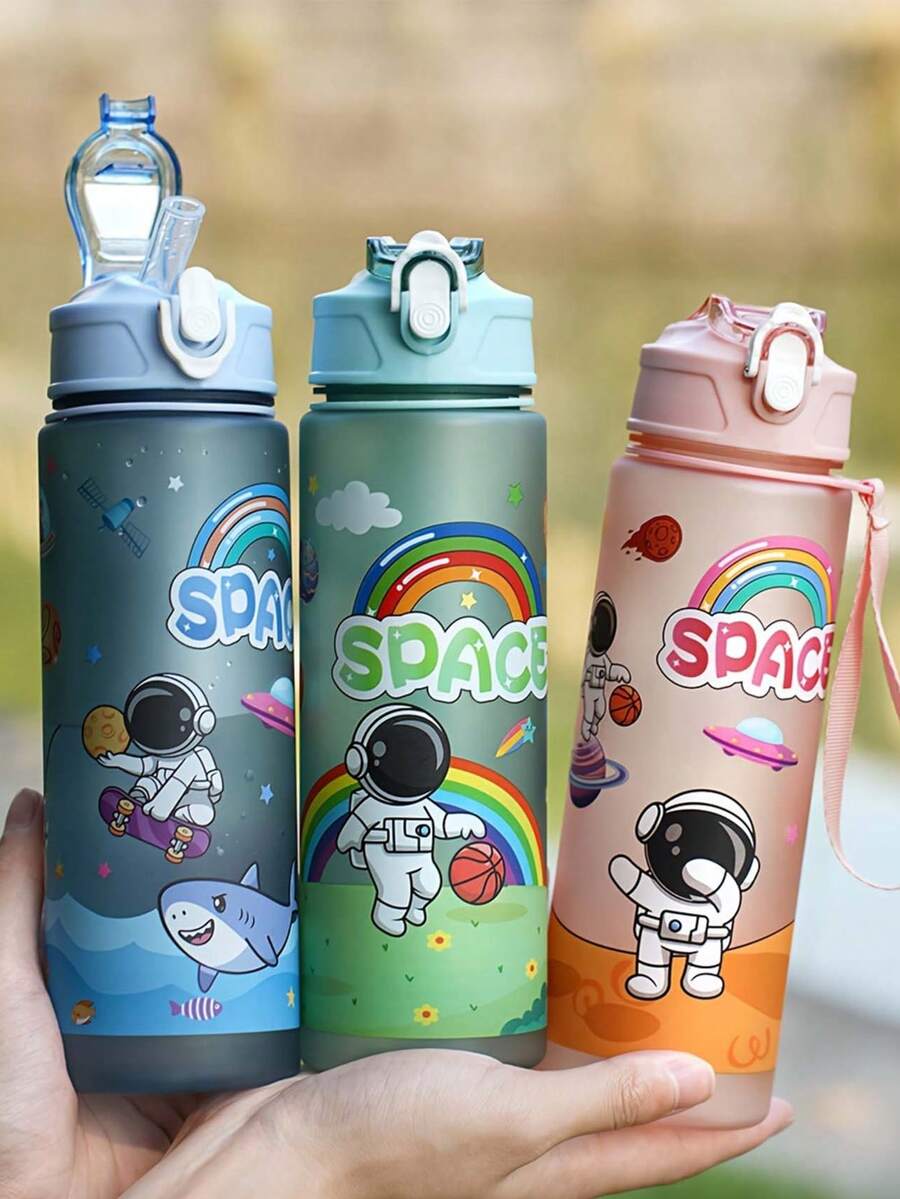 1个750毫升/26盎司可爱卡通宇航员主题塑料吸管水瓶，带提手，防漏瓶口，便携耐用，倒置防溢，适合跑步、骑行、旅行、节日和生日礼物