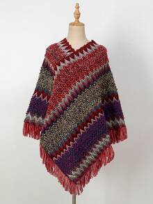 1件人字纹流苏披肩，斗篷披肩，时尚百搭旅行披风，保暖围巾外套 - 人字紋流蘇披肩 - 查看 2