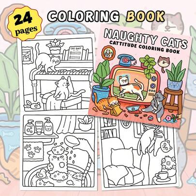 48 Pages - 230g, Cute & Mischievous Cats Coloring Book, Soft Skin Paper, Lively & Healing Style, Cats Funny Scenes Patterns, Orange & Gray Color Scheme, Includes TV Cats Details, Stress Relief Coloring, Suitable For Stationery, School Supplies, Great Gift For Girls