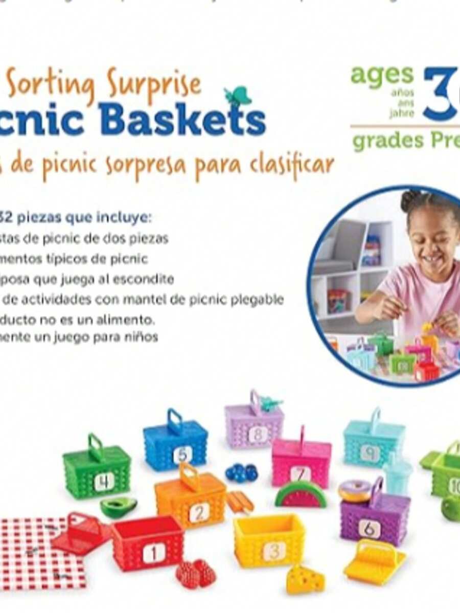 Learning Resources Sorting Surprise Picnic Baskets - 32 Piezas, Edades 3+ Juguetes Educativos para Niños, Desarrolla Reconocimiento de Numeros y Colores - Multicolor - Ver 1