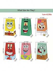 12Pcs Of SpongeBob Gift Bags, Anime Character-Themed Gift Bags For Birthdays, Weddings, Gatherings And Parties, Kraft Paper Candy Bags With Stickers, Foldable Bags - Multicolor - View 3