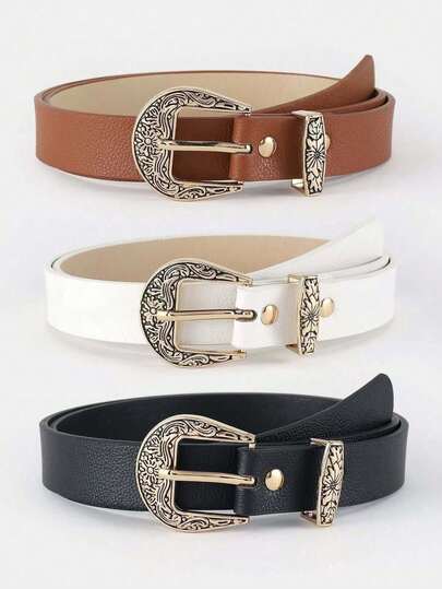 3pcs Vintage Style Gold Western Buckle Versatile Waist Belt, Suitable For Dresses, Jeans And Daily Wear