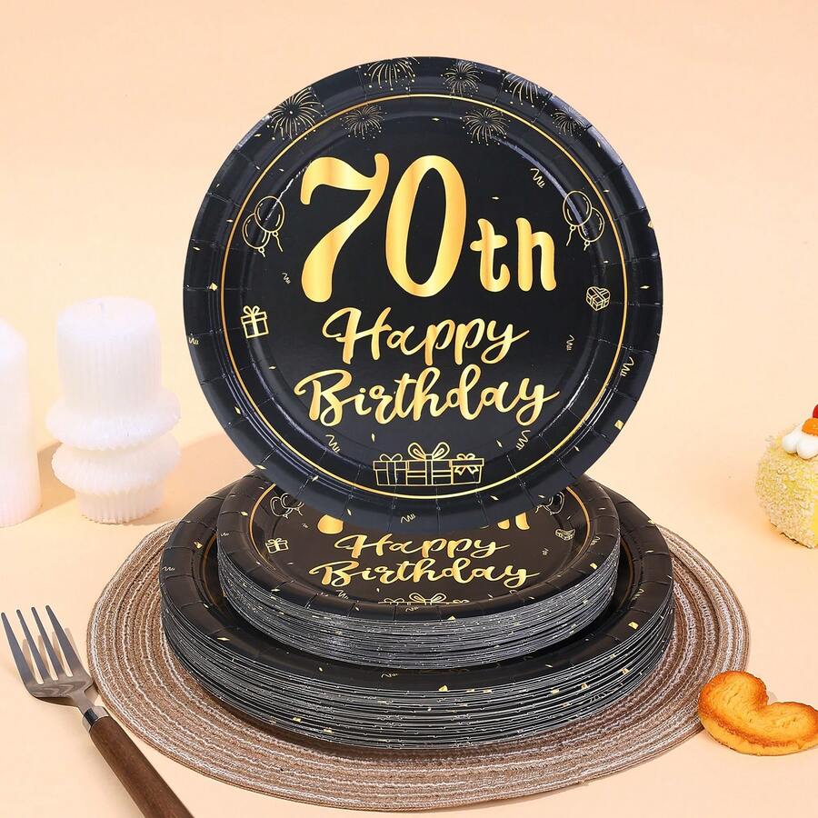 10入/20入/40入/50入 70歲生日裝飾 中性款 黑色與金色 Happy 70th 7英吋與9英吋紙盤 餐具 適用於男女70歲生日派對 70週年復古生日裝飾 一次性甜點盤 - 彩色 - 查看 1