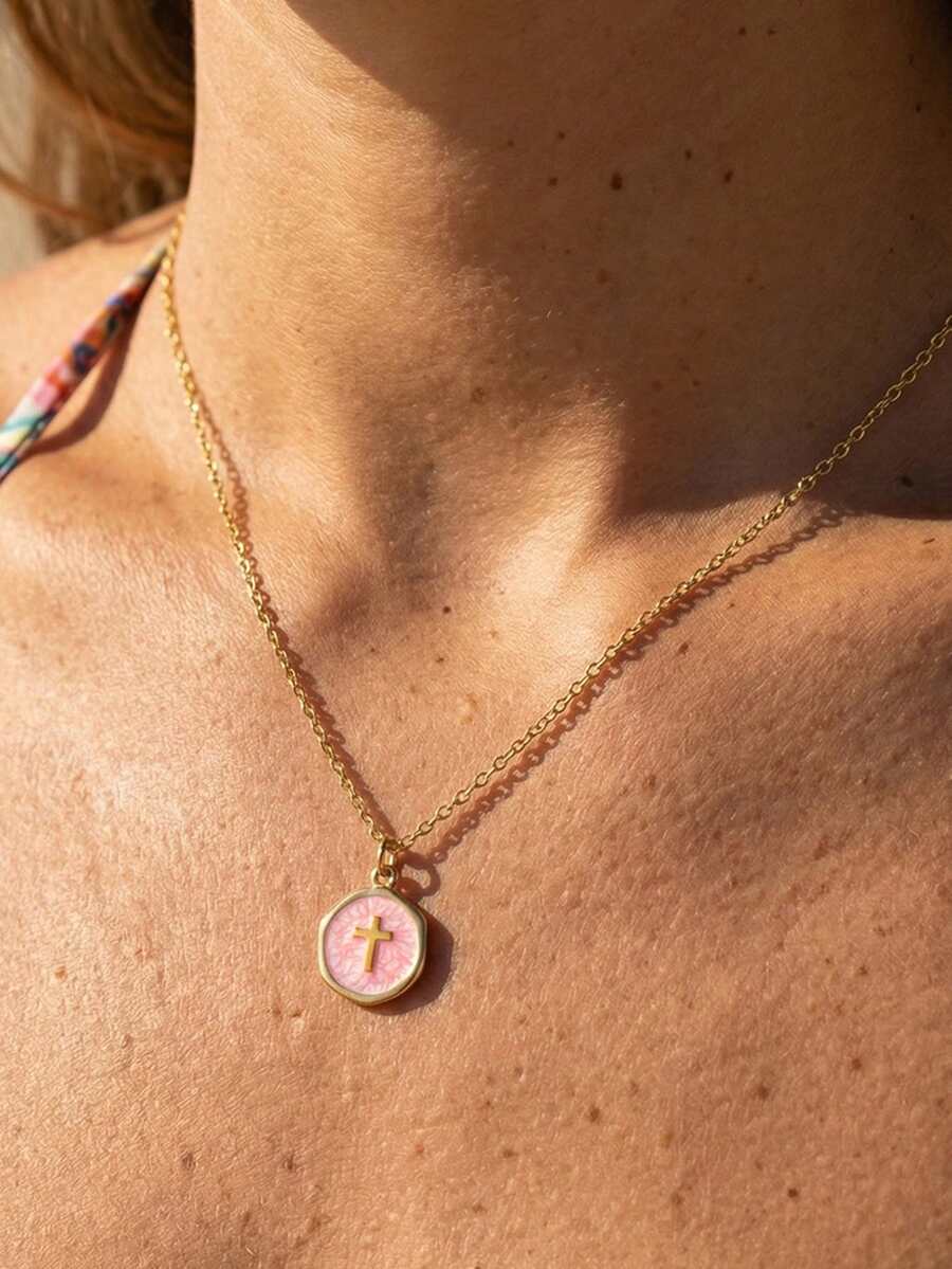 1件18K镀金珐琅十字架吊坠项链，防水迷你十字架项链，女士宗教项链，珐琅项链，基督教礼物 - 叉 - 查看 1