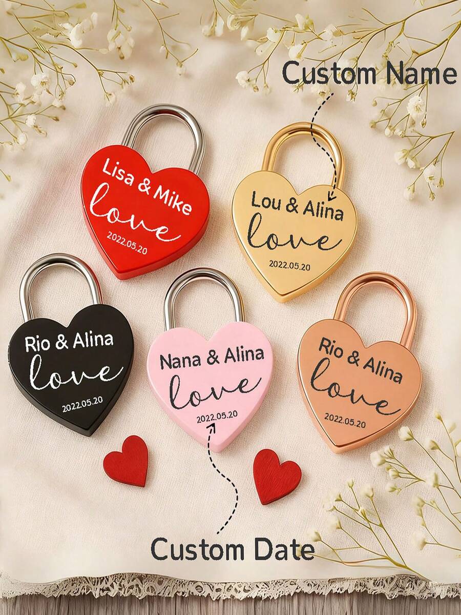 Customized Personalized Engraved Heart Lock - Heart-Shaped Lock With Name Engraving - Gift For Couples, Weddings, Valentine's Day, Anniversary, Mother's Day, Heart Padlock, Heart Cabinet Lock, Mini Small Lock With Key, Luggage Lock, Bag Lock
