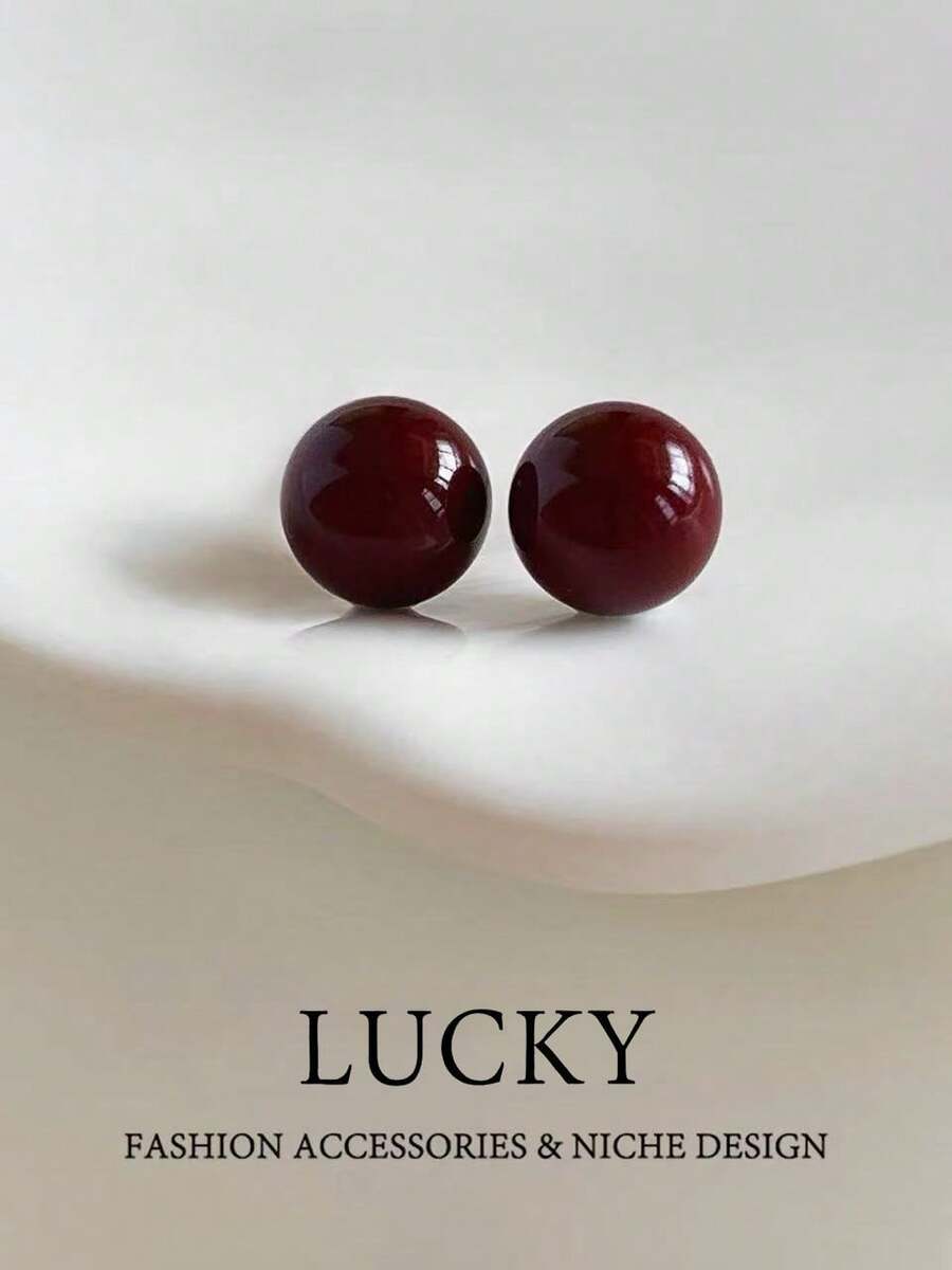 1 Par de Brincos de Pérola Elegantes Vintage Minimalistas Vermelhos, Adequados para Uso Diário e em Feriados por Adolescentes - redondo - Visão 1