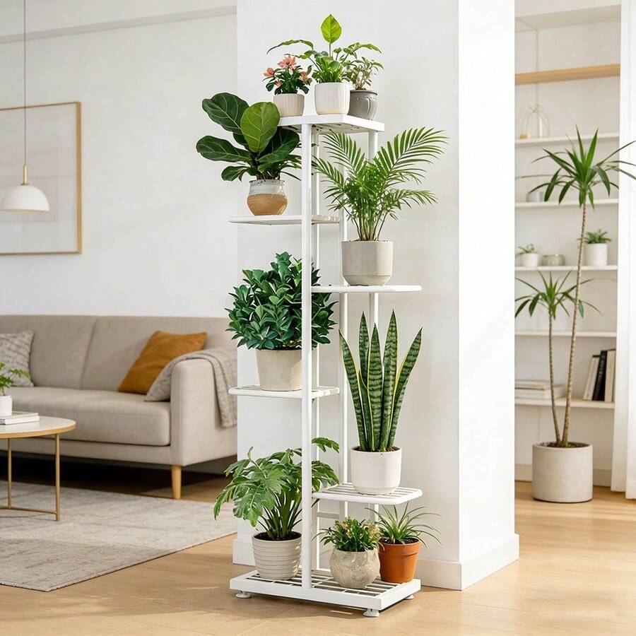SHENGMAO--1/2/4/5/6-7Tier Plant Stand, Iron Flower Stand,Heavy-Duty Metal Frame, Metal Flower Stand, High-Angle Multi-Tier Plant Rack, Indoor/Outdoor Flower Pot Display Stand. Crafted From Iron With A Sleek, Minimalist Design For Easy Disassembly. This Versatile Stand Fits Seamlessly In Living Rooms, Entryways, Offices, Or Outdoor Patios And Gardens. Available In Multiple Colors. - 6層白色 - 查看 1