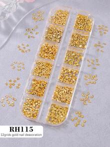 12格迷你金色美甲装饰，DIY金色心形长方形水滴形蝴蝶结美甲配件，美甲用品，美甲饰品，Y2K美甲饰品 - 金色 - 查看 5