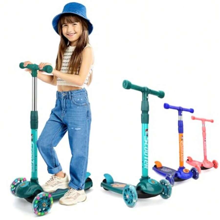 CYPNBebeay Scooters para Niños Patín del Diablo Scooter Patinetas para Niños 3-8 Años con Tres Ruedas LED y Sistema de Balanceo Scooters Resistente con Altura Ajustable Monopatin Juguetes y RegaloFashion - Verde - Ver 1