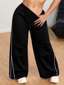 Women's Spring New Casual Straight Leg Pants, Fashion Loose Fit Drawstring Waist Pockets, Suitable For Daily Wear - Black - View 1