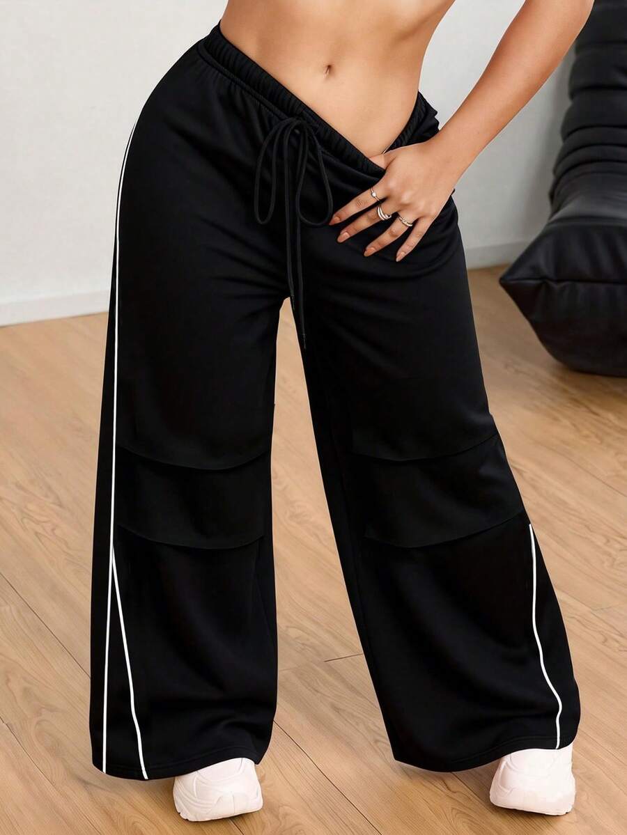 Women's Spring New Casual Straight Leg Pants, Fashion Loose Fit Drawstring Waist Pockets, Suitable For Daily Wear - Black - View 1
