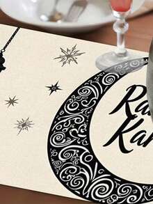 1 Stück, Ramadan Grüße, helle Polyesterstoff, Feiertags-Tischdecke, geeignet für Küche und Restaurant, Feiertags-Party Dekoration, Tischläufer Dekoration - Schwarz und Weiss - Übersicht 4