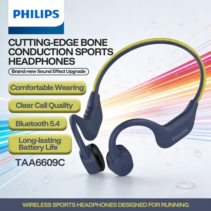 PHILIPS TAA6609C Open-Ear Bluetooth 5.4 Sports Earphones, Bone Conduction Microphone, 32g Lightweight Titanium Alloy Frame, IP66 Dust & Sweat Resistant, 10-Hour Battery Life, AI Noise-Canceling Calls, Suitable For Running, Cycling, Gym And Outdoor Sports
