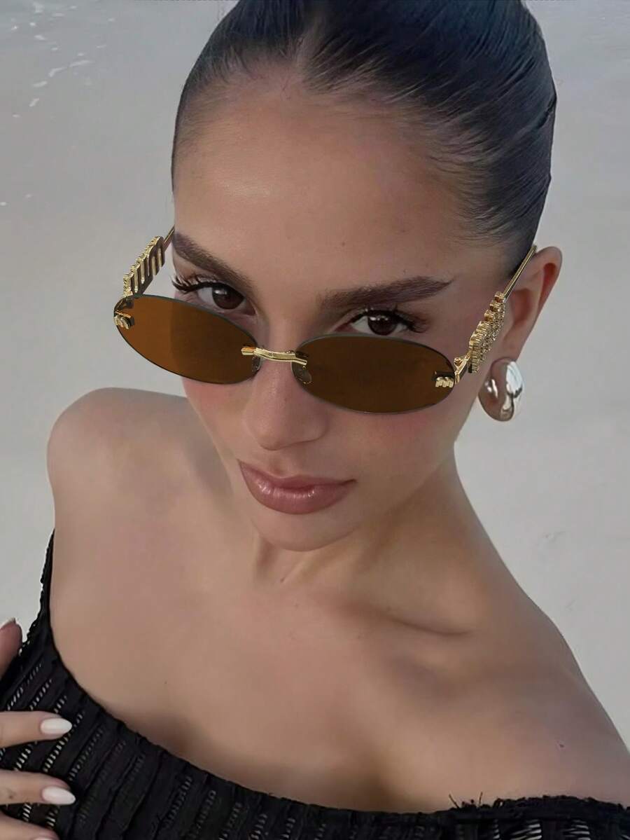 1 Pair Frameless Oval Retro Fashion Glasses, Versatile Women's Glasses Suitable For Travel, Vacation, Daily Wear, Beach Accessories - Brown - View 1