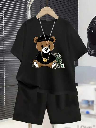 KID002y007|2 piezas|Conjunto Casual de Verano para Niños con Estampado de Oso, Camiseta de Manga Corta y Shorts Deportivos de Moda, Adecuado para Edades 5-6, 6-7, 8-10, 12-14, Accesorios No Incluidos, Perfecto para