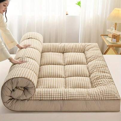 Japanese Style Plaid Mattress- Approx 8-10cm Deep Single Double King Super King Sizes Bed Mats, Rolling Soft Mattress Pad, Floor Futon Tatami Mat, Machine Washable - Perfect For Bedroom, Guest Room, Dorms, Back To School For All Seasons