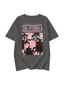 1件装女士休闲宽松度假风印花双面图案圆领T恤，百搭日常穿着，2026春夏款 - 深灰色 - 查看 4